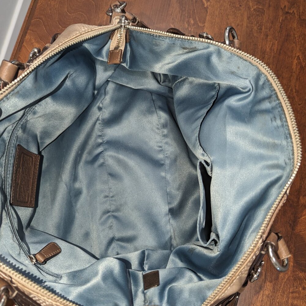 Good Used Condition Coach Khaki Canvas and Leather Satchel Bag. - Picture 7 of 10